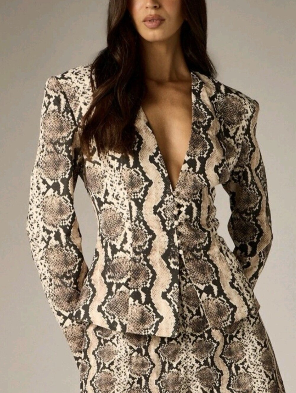 Snake Print Deep V Lapel Blazer Jacket With Fitted Silhouette And Long Sleeves